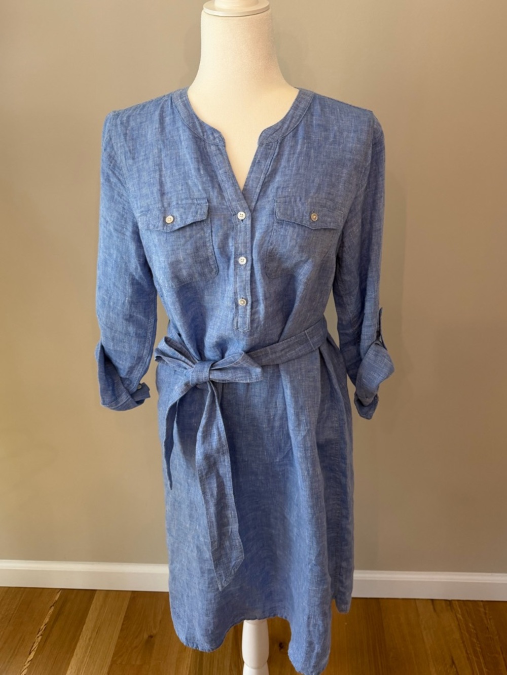 Talbots Linen Shirt Dress Blue Roll Tab Sleeve Belted Midi Casual Minimalist MP